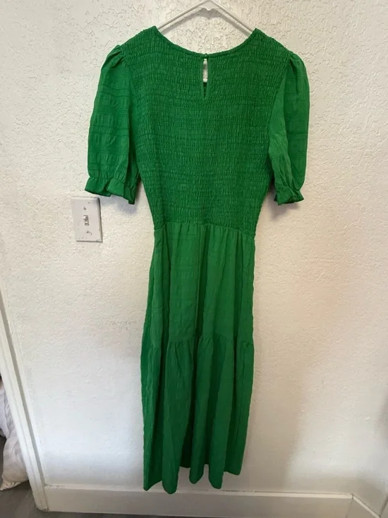 Boho Green Smocked Maxi Dress - Puff Sleeve Tiered Long Dress - Size S - Picture 7 of 15